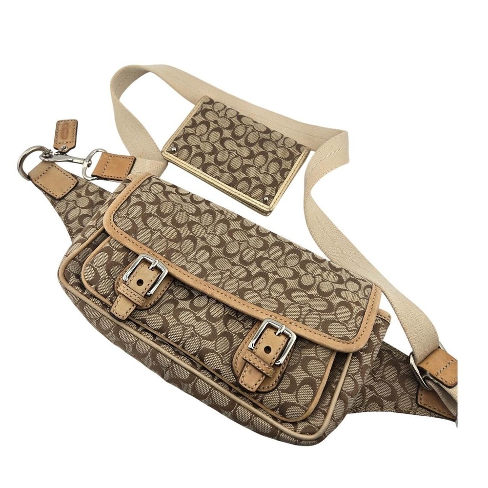 Coach Signature Monogram Canvas Belt Bag Fanny Pack Khaki Tan with Card Holder